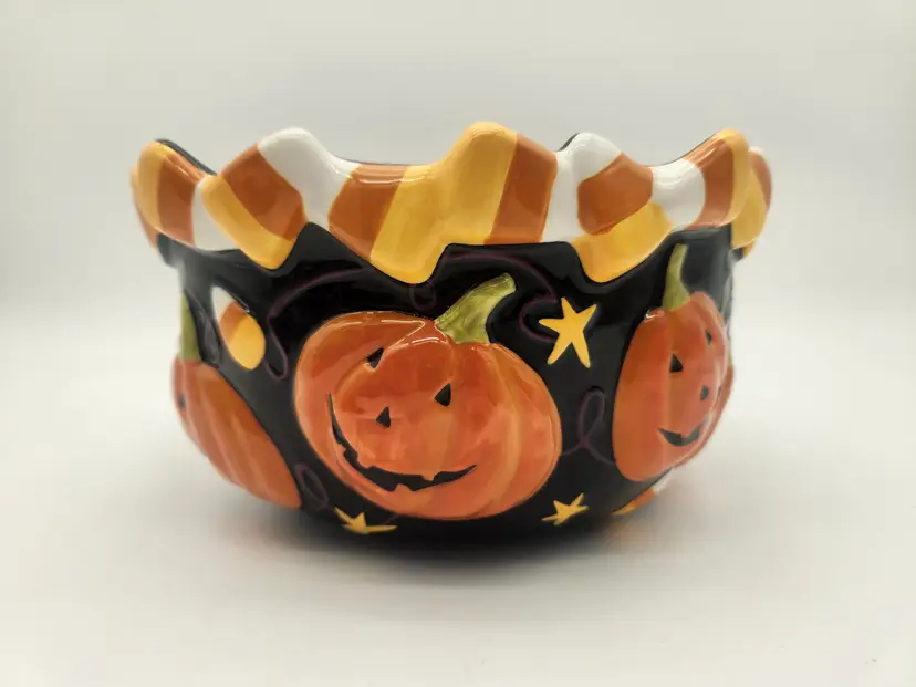 Halloween Ceramic Candy Bowl Jack O Lanterns Candy Corn Start Purple Interior