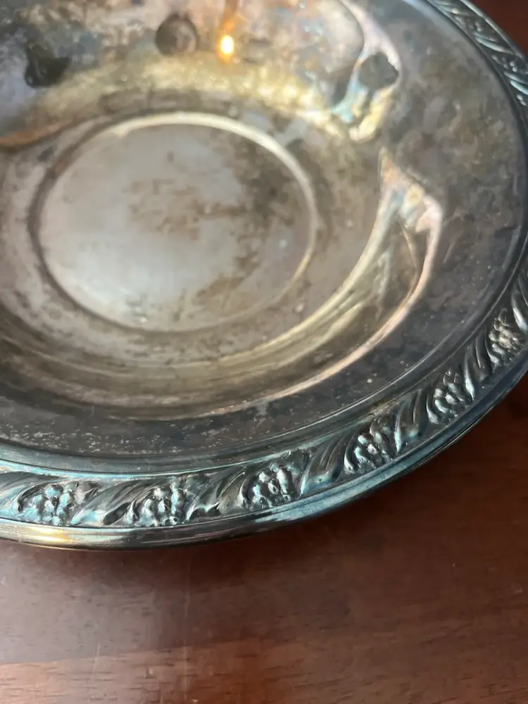 Sheridan Silver Plate Bowl-Ornate silver-plated serving bowl with floral and leaf border.  10.5”