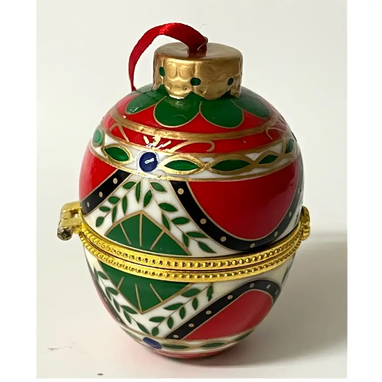 Easter Egg Shaped Christmas Trinket Jewelry Hinged Clasp Box Ornament 3 in Height