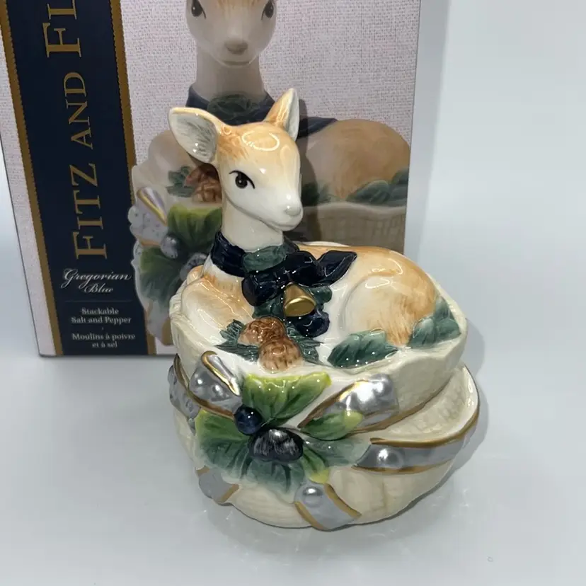 Fitz & Floyd Georgian Blue Baby Deer Stackable Salt & Pepper Shakers