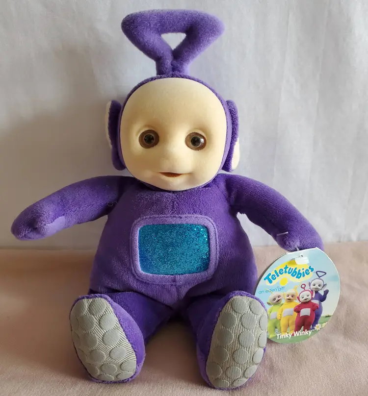 Eden Teletubbies Tinky Winky Beanbag Plush 9” Flocked Face Purple 1998 Vintage NWT