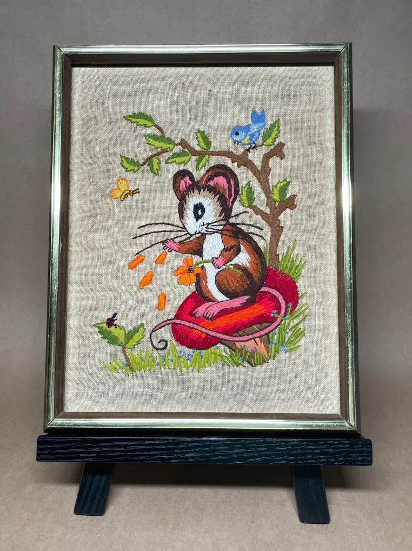Framed Crewel Embroidery Fiber Art Mouse Mushroom Bluebird Lady Bug Woodland Left