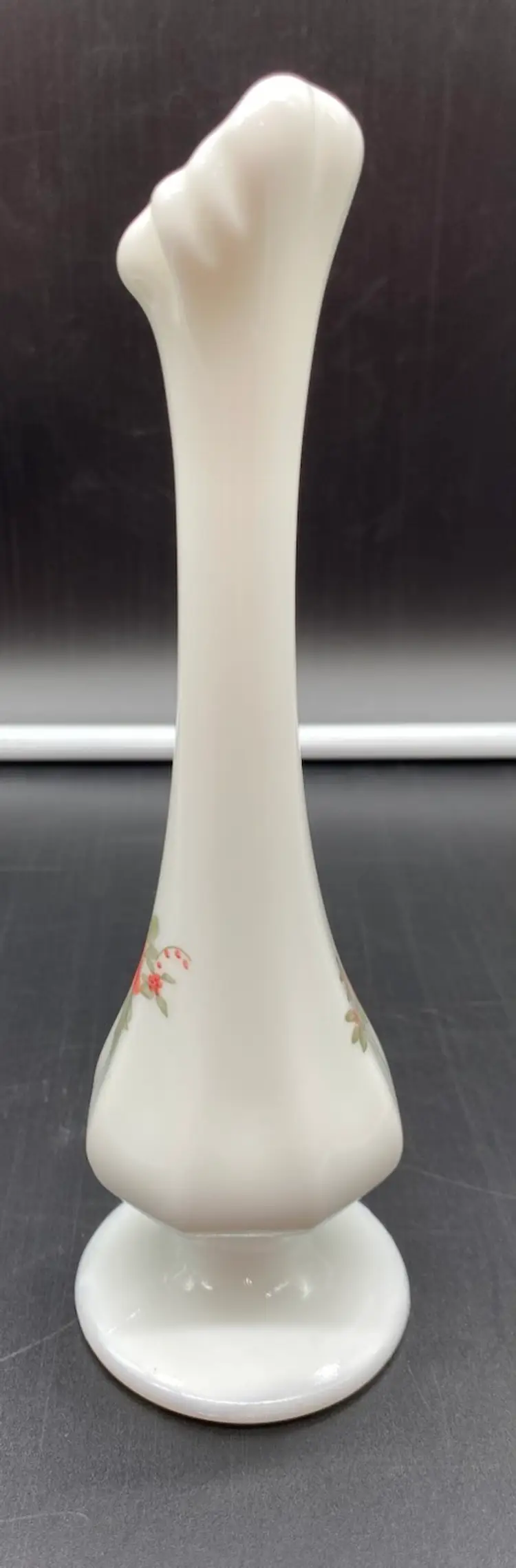 Fenton 8" Milk Glass Swung Vase With Coral Roses Hand Painted Signed