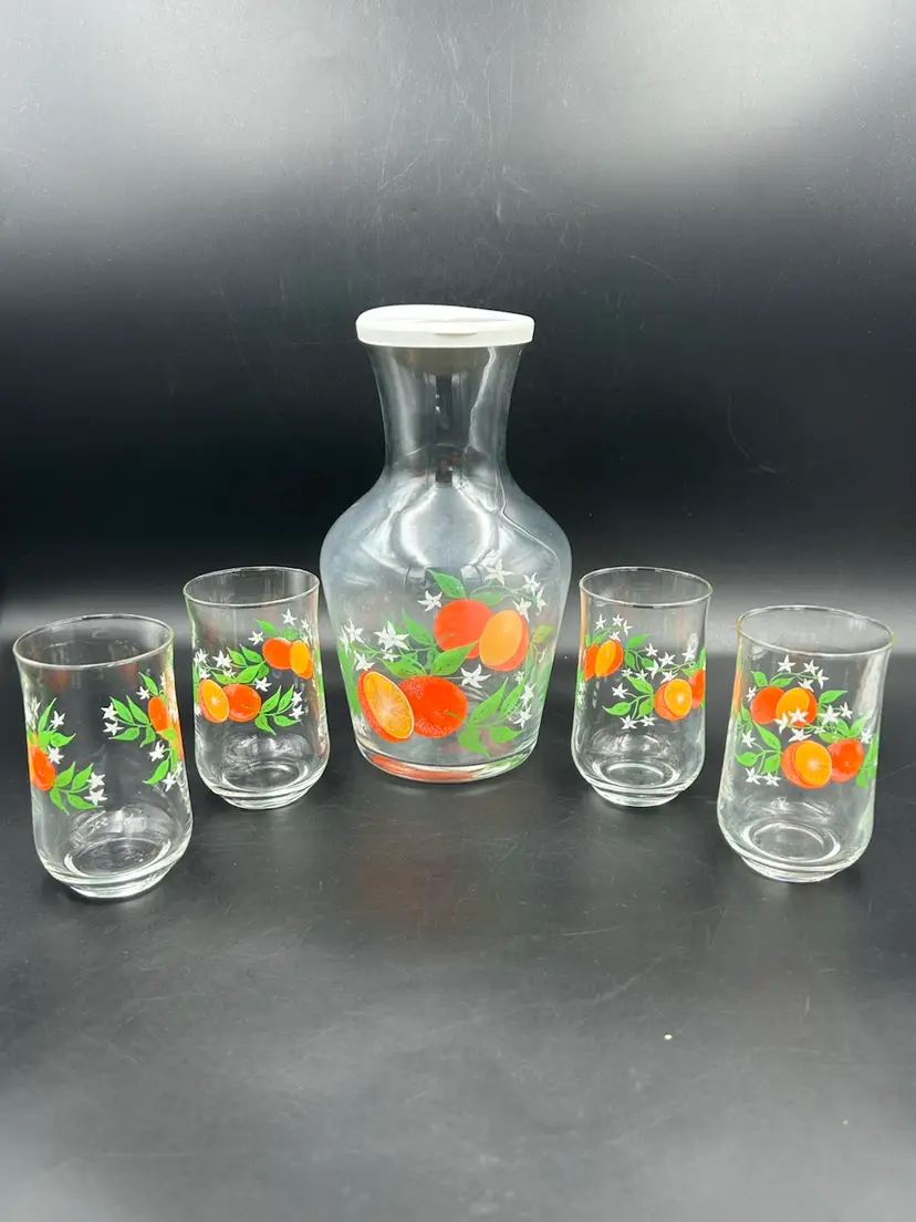 Vintage Retro Kitchen Orange Juice Carafe Jar Pitcher W 4 Juice Glasses