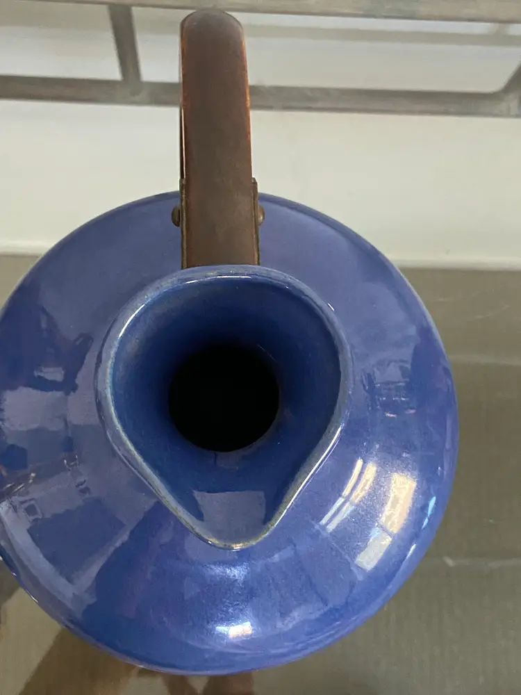 Vintage Bauer Los Angeles Blue Jug & Lid w/ Wood Handle Pottery Coffee Server