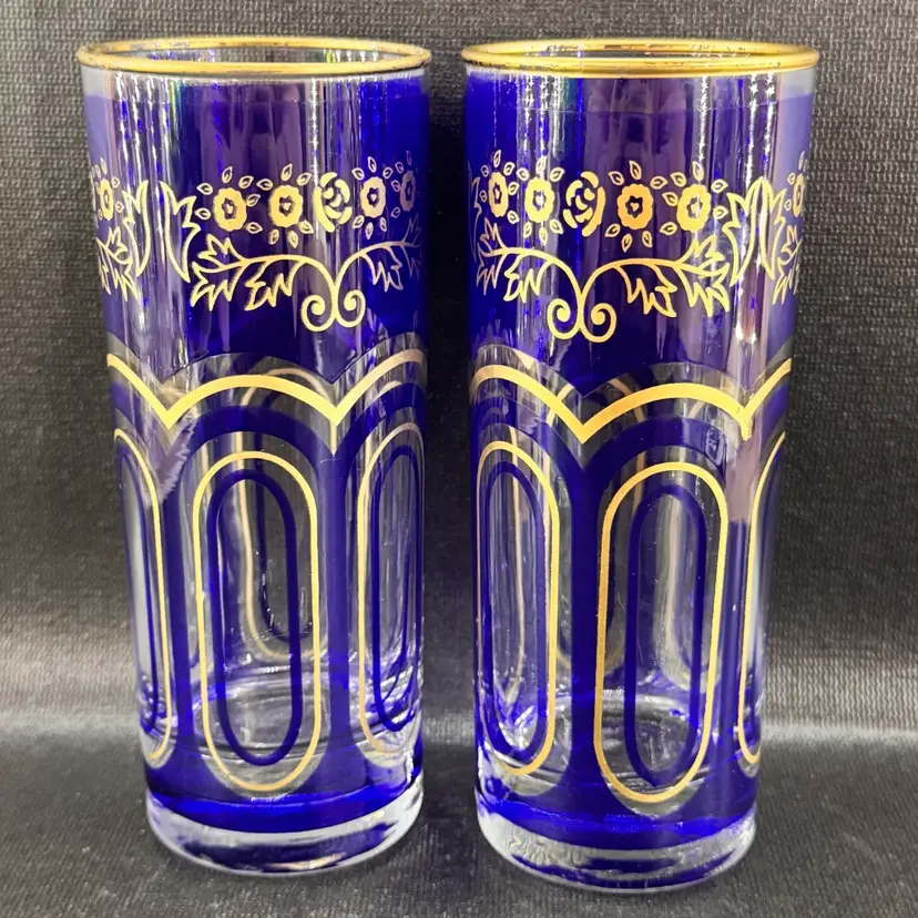 Vintage Moroccan Bohemian Cobalt Blue Gold Paneled Tumbler Glass Set Of 2