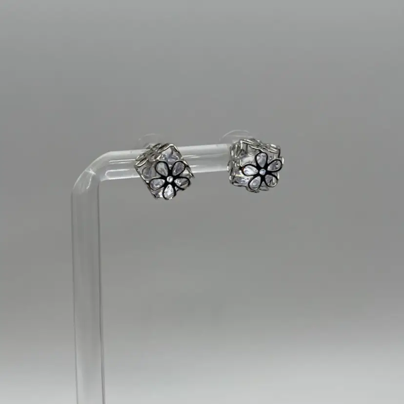 Cube Silver Tone Flower Earrings With Moving Clear Rhinestone Inside