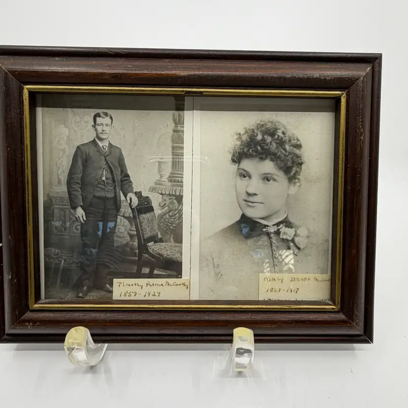 2 Antique Framed Cabinet Cards Man & Woman 1857-1927 & 1867-1917