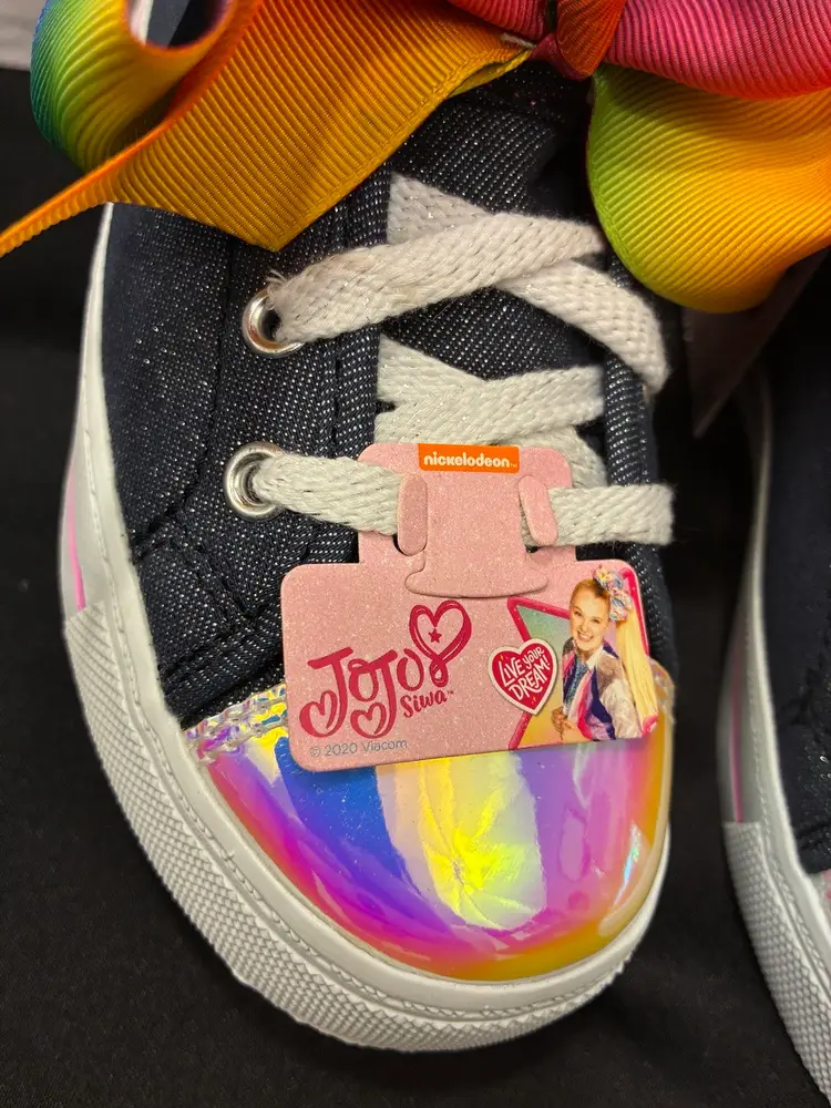 JoJo Siwa High Top Shoes Size 12 Sparkle Denim Blue w/ Rainbow Bow NWT Sneakers