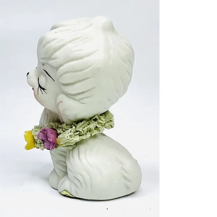 Vintage Ucago Mini White Dog Figurine Spaghetti Wreath Collar Floral Details