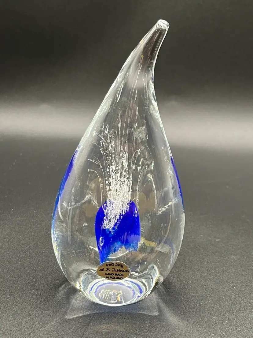 Adam Jablonski Polish Large Cobalt Blue & White Spray Raindrop Lead Crystal Art Glass Paperweight 5.5” 🌧️