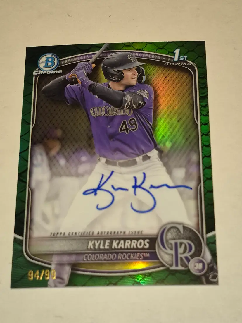 Kyle Karros 2025 Bowman Chrome 1st Bowman Green Reptilian Refractor Auto /99 #CPA-KK Rockies