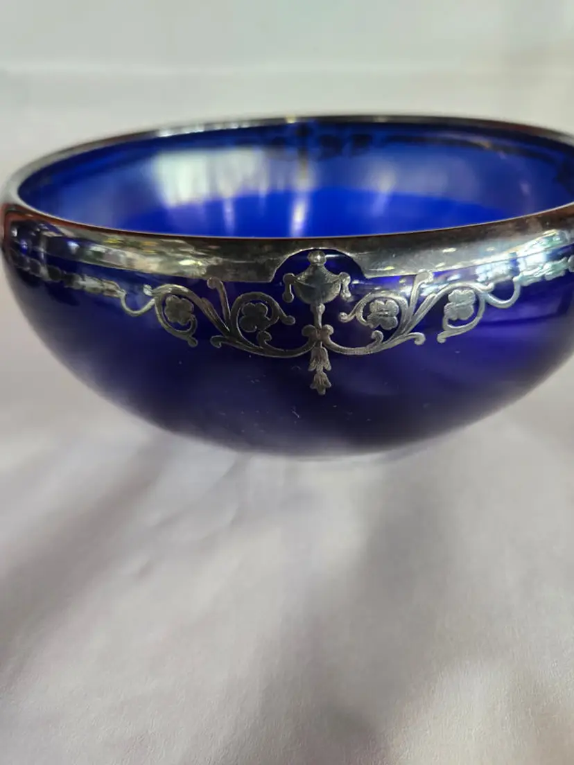 A 'Rockwell Silver Overlay Cobalt Blue Egyptian Revival Bowl- 1930's