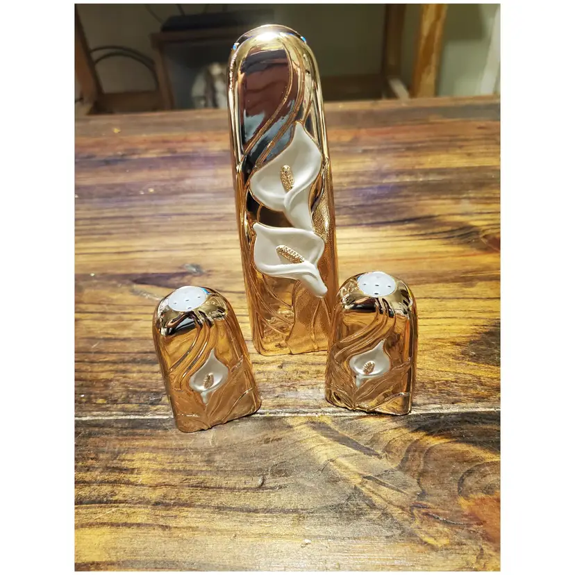 Japanese Rose Gold Metal Calla Lily Salt, Pepper and Vase