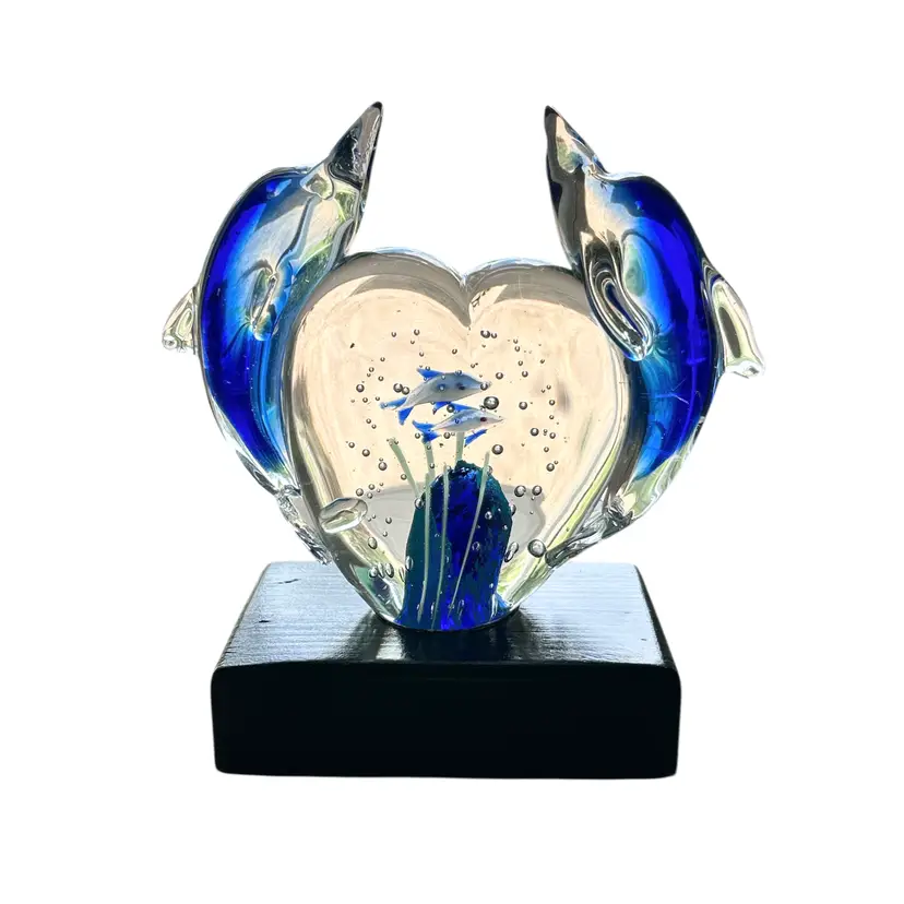 Wood Mounted Pair of Dolphins and Babies Glass Art