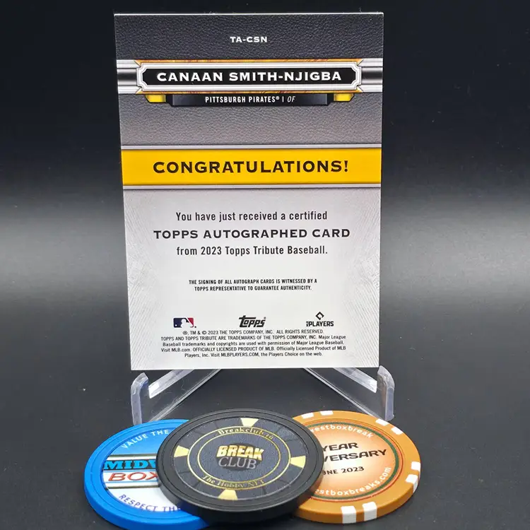 Canaan Smith-Njigba Rookie Auto 2023 Topps Tribute Baseball Tribute Autographs Orange Parallel Numbered 22/25 Card #TA-CSN - Pittsburgh Pirates