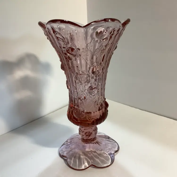 Fenton Pink Cabbage Rose Glass Vase