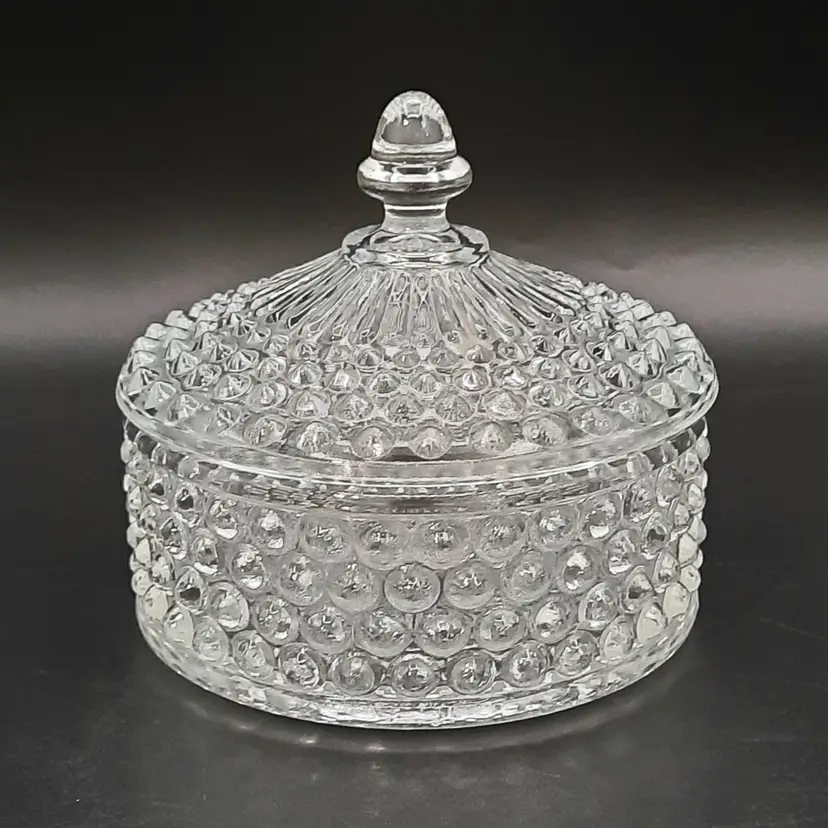 Clear Hobnail Glass Lidded Trinket Vanity Dish Powder Box
