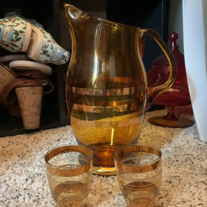 Made In Romania Amber Glass Pitcher W Gold Gilding And Two Mini Glasses