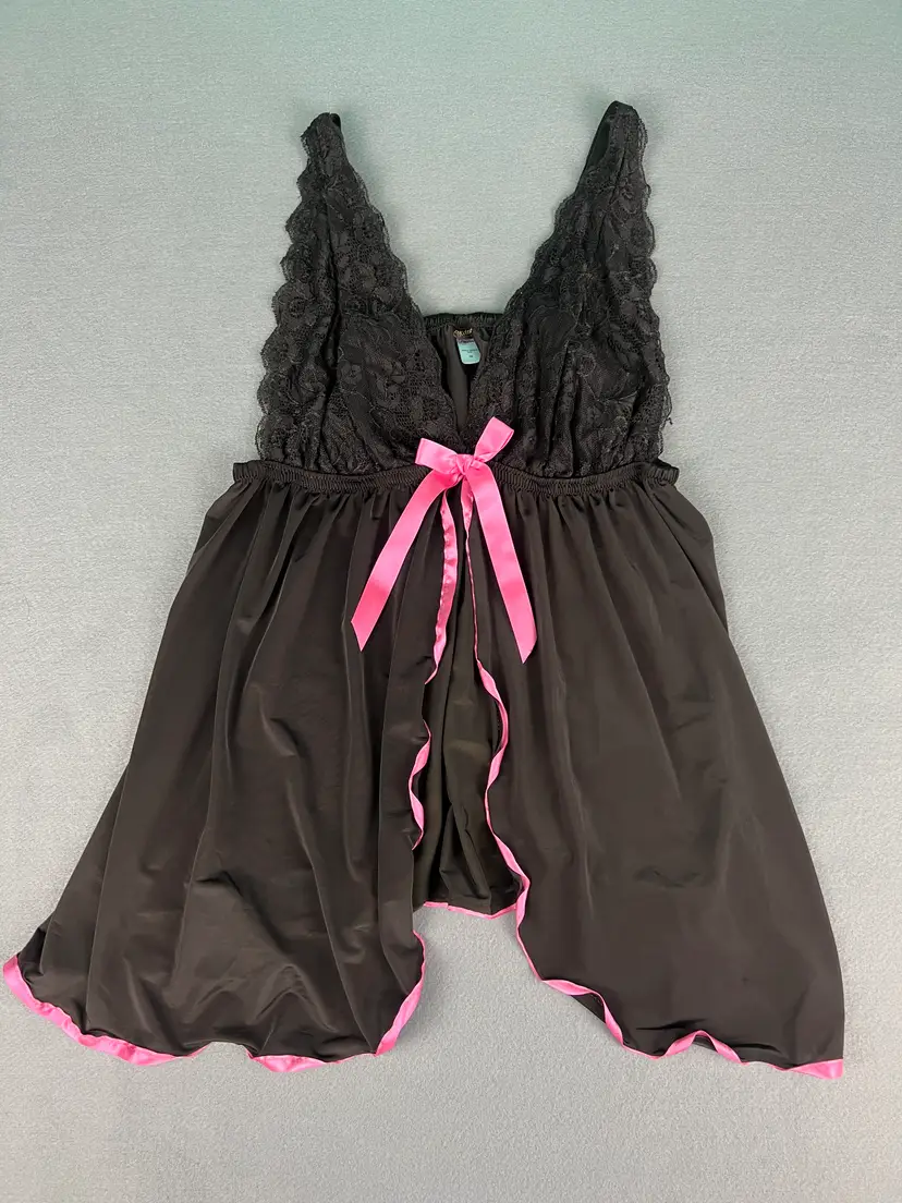 Black Lace Babydoll Lingerie 1X Pink Trim Bow Sheer Chemise Plus Size