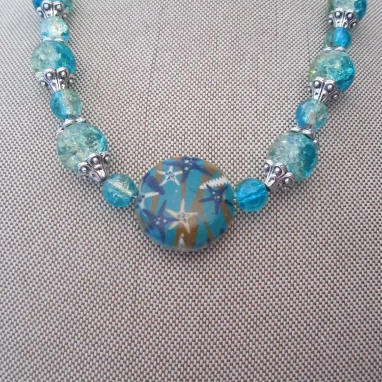 Beachy Turquoise Blue and Green Crackle Glass Beaded Necklace with Ceramic Starfish Bead