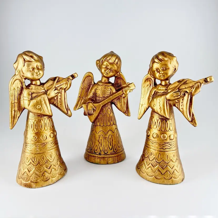 3 Gold Paper Mache Angel Figurines, Lute & Violin Musicians, Vintage Christmas Kitsch, Made in Japan