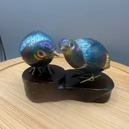 Vintage Pair of Chinese Cloisonné Enamel Quail Bird Figurines on Carved Wood Stand 2”x 2.5”