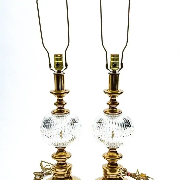 Pair of Vintage Table Lamps Large Crystal Orb Art Deco With Brass Base