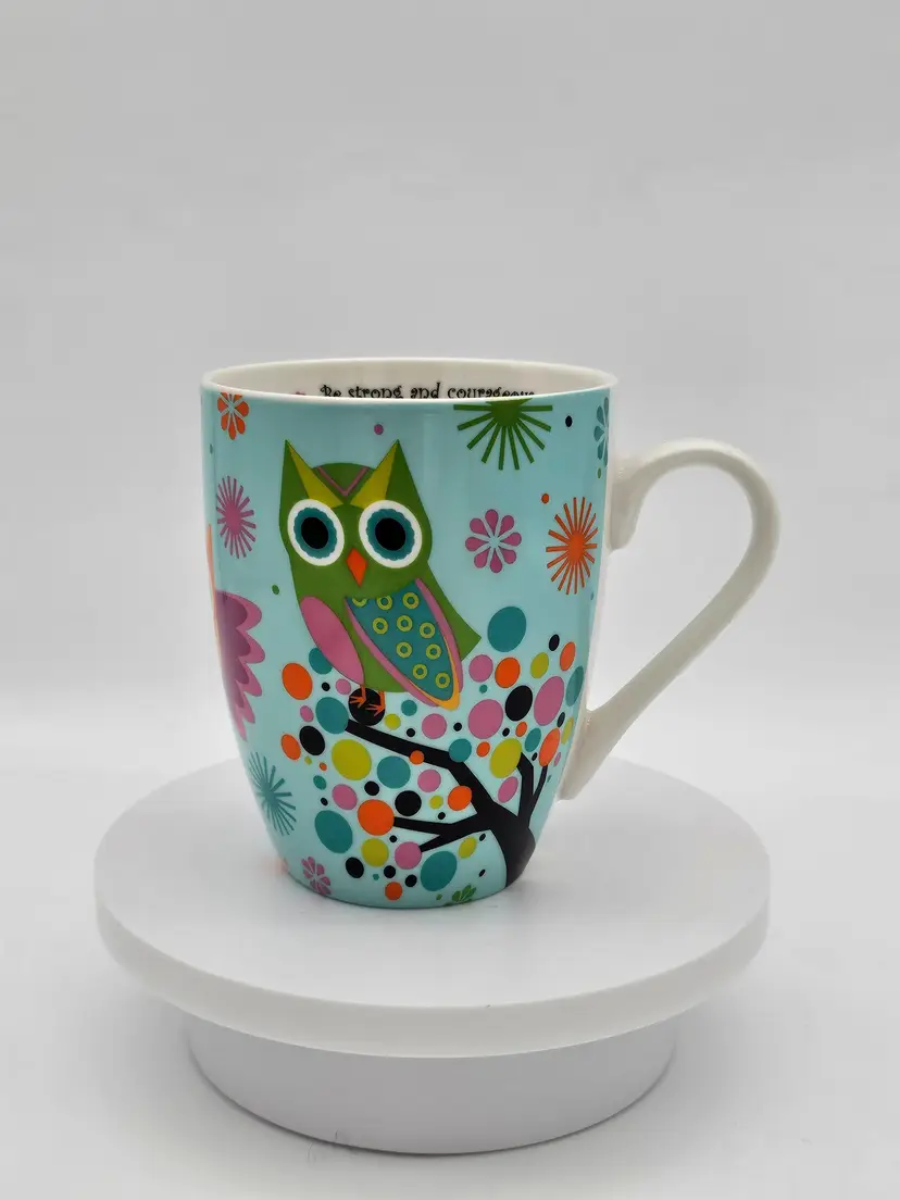 Divinity Owl Coffee Mug Bible Scripture Joshua 1:9 Retro Look Blue Green Orange