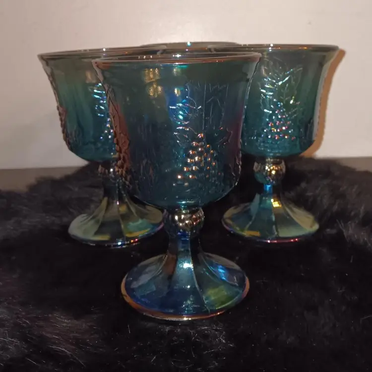 Vintage Set of 4 Blue Carnival Glass Wine Glasses Water Goblets Grape Pattern 5 1/4" H 8 oz