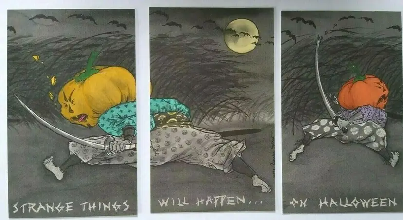 Halloween Postcard Set Of (3) Samurai Pumpkin Head Goblins Flying Rabbit 1993