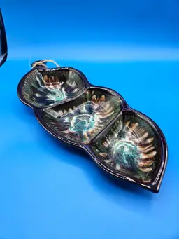 Ceramic 14.5" Brown & Green Divided Nut, Candy, Serving Dish, Japan
