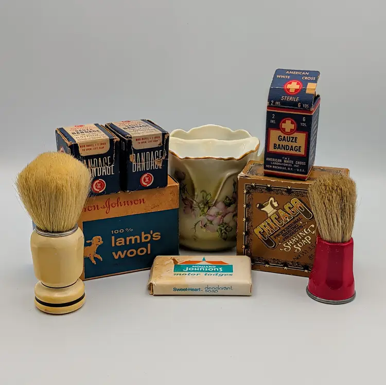 Vtg Shaving & First Aid Bathroom Lot Shaving Brush soap Lamb's Wool Gauze
