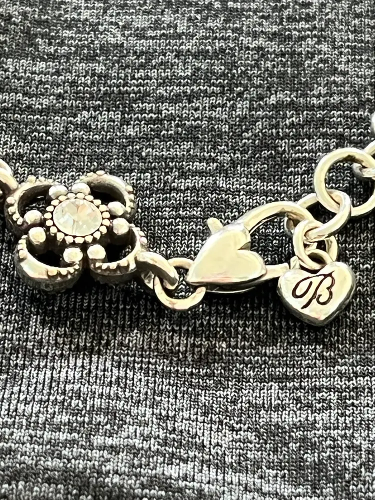 Brighton Clover CZ Charm Bracelet Silvertone Signed 7-8.25”