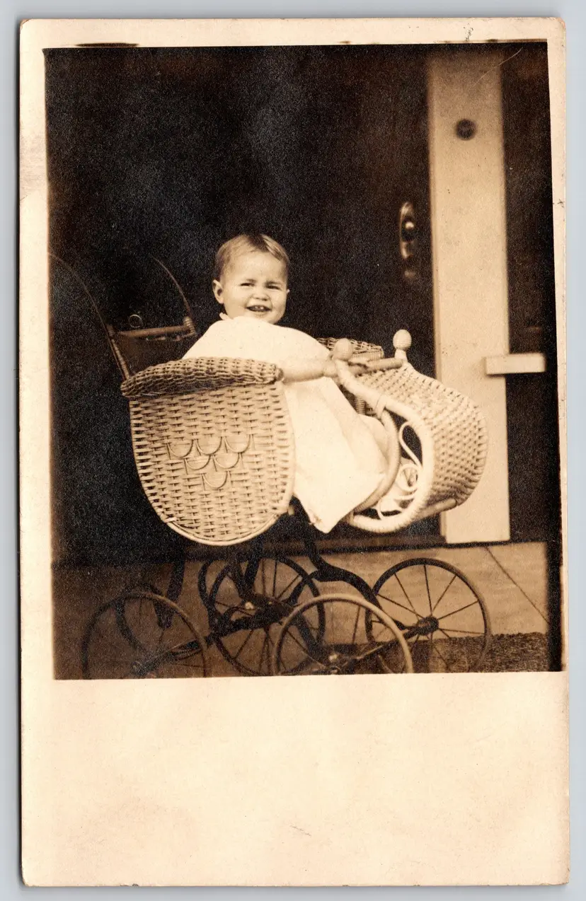Postcard RPPC Happy Baby in Wicker Pram Real Photo Children Baby Carriage - 9243