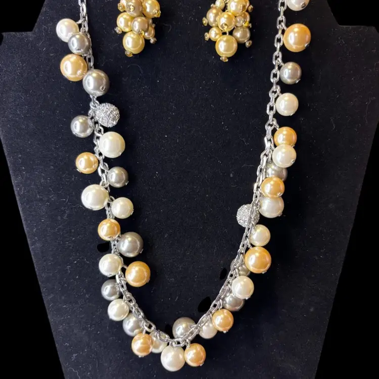 Talbots Glass Multi Colored Pearl Necklace Set With Rhinestone Accents