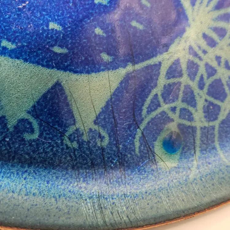 Copper enamel triangle Trinket Dish Signed Hilary with peacock bird design 8"