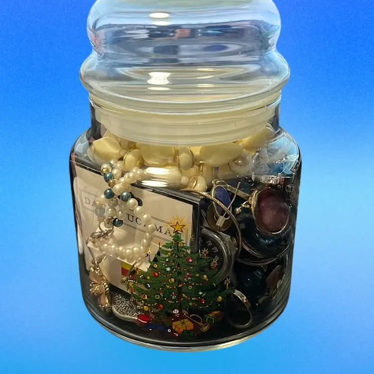 Jewelry Jar, Christmas Candy Jar Filled With Vintage And Modern Wearable Jewelry. Earrings, Bracelets, Necklaces, Pins, Some Brand New With Tags , 1.12 Pounds. Great Christmas Gifting Pieces