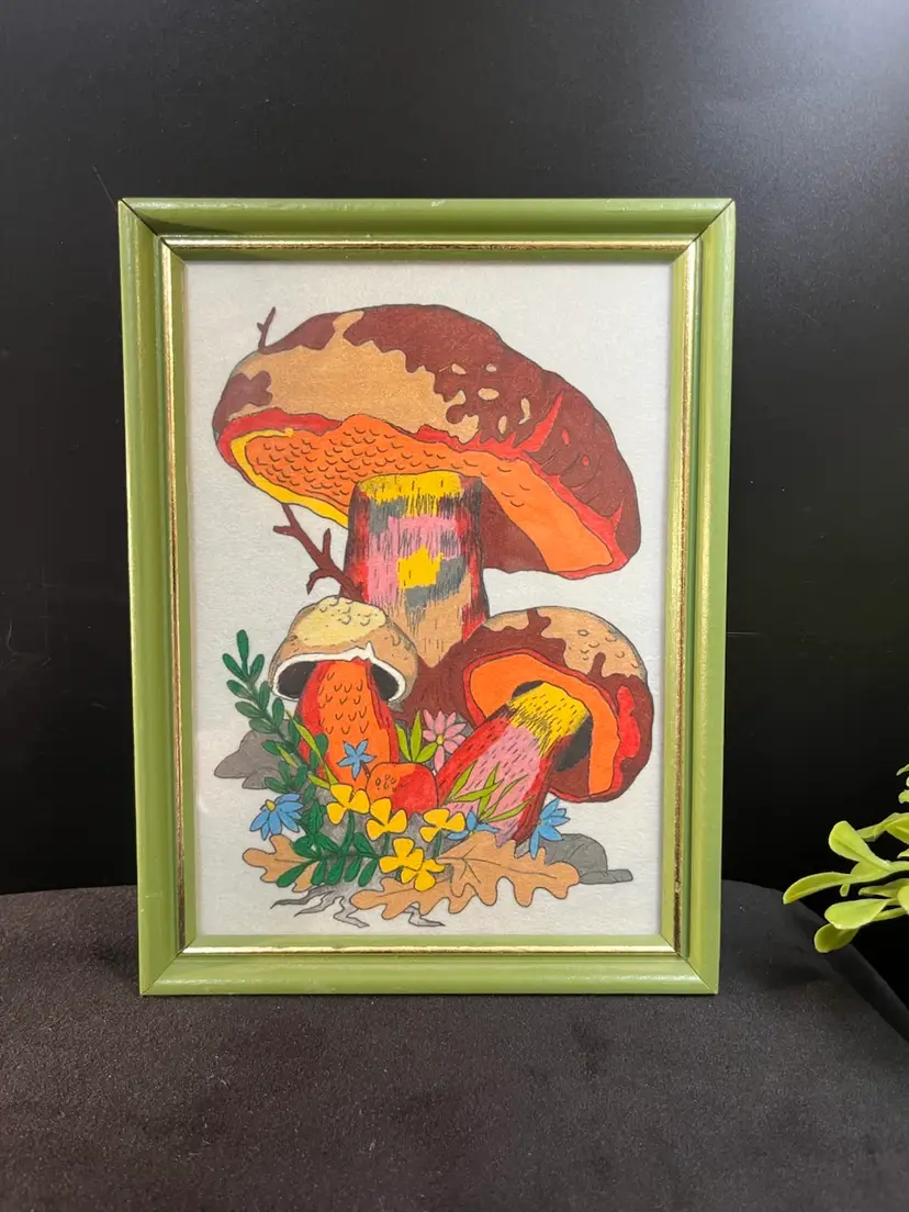 1970s Fabric Art-Groovy Mushroom Picture w/ Frame