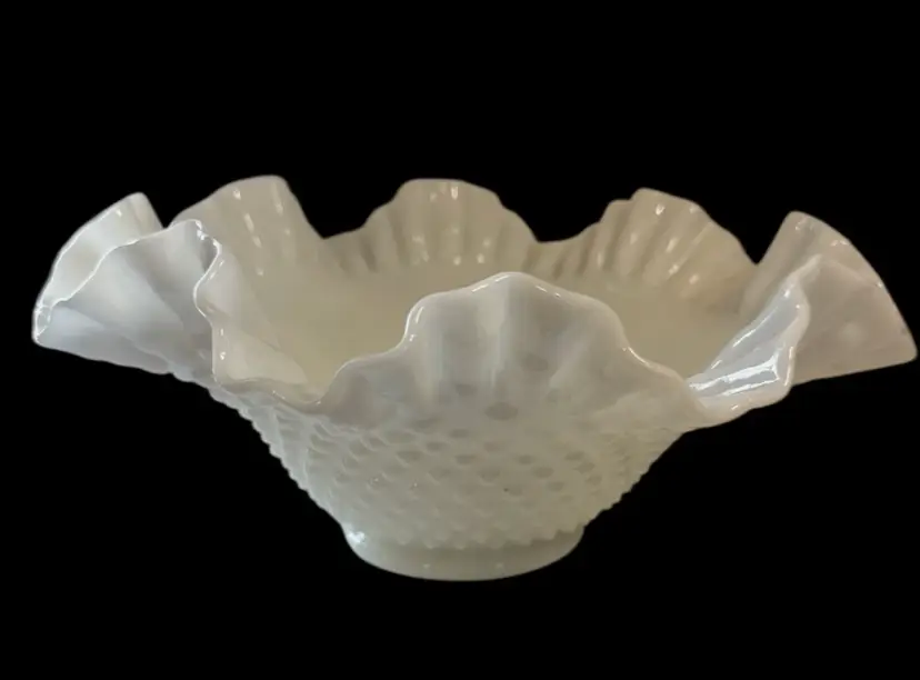 Vintage Fenton White Milk Glass Hobnail Crimped Ruffled Edge Fruit Serving Bowl