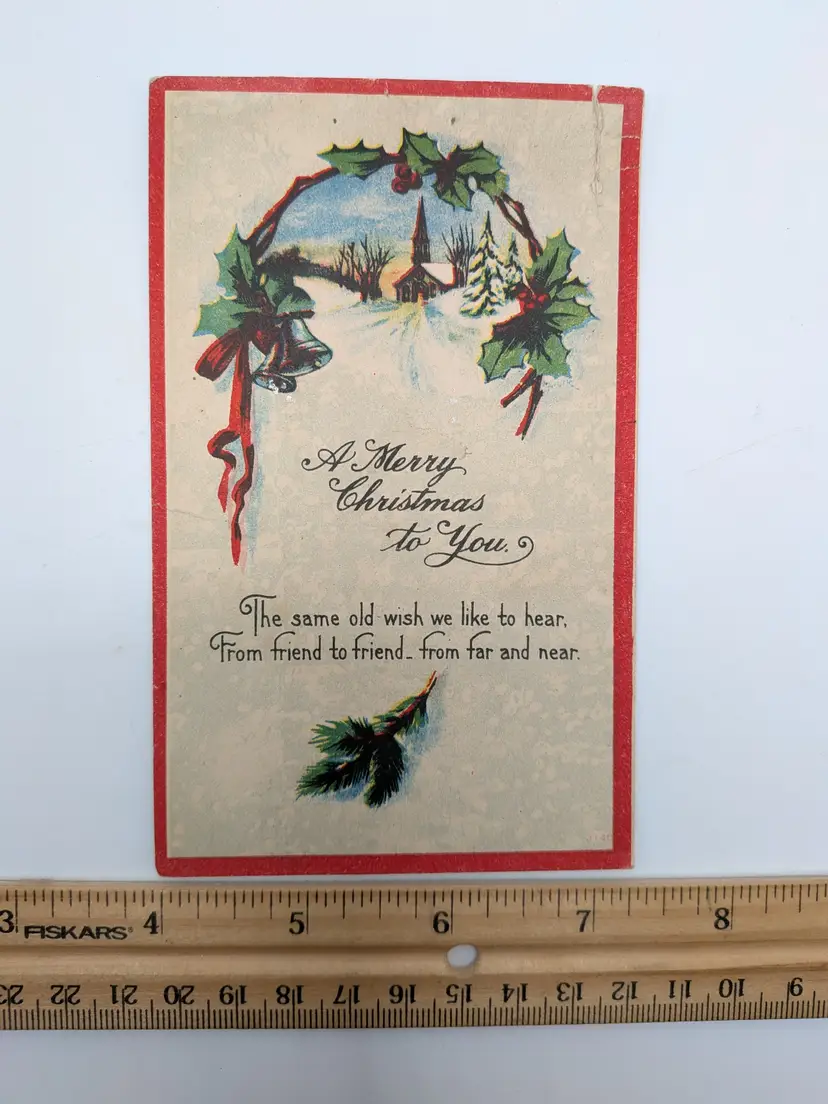 E34. ANTIQUE POSTCARD POSTMARKED 1916 MERRY CHRISTMAS TO YOU CHURCH SCENE GREEN 1¢ STAMP