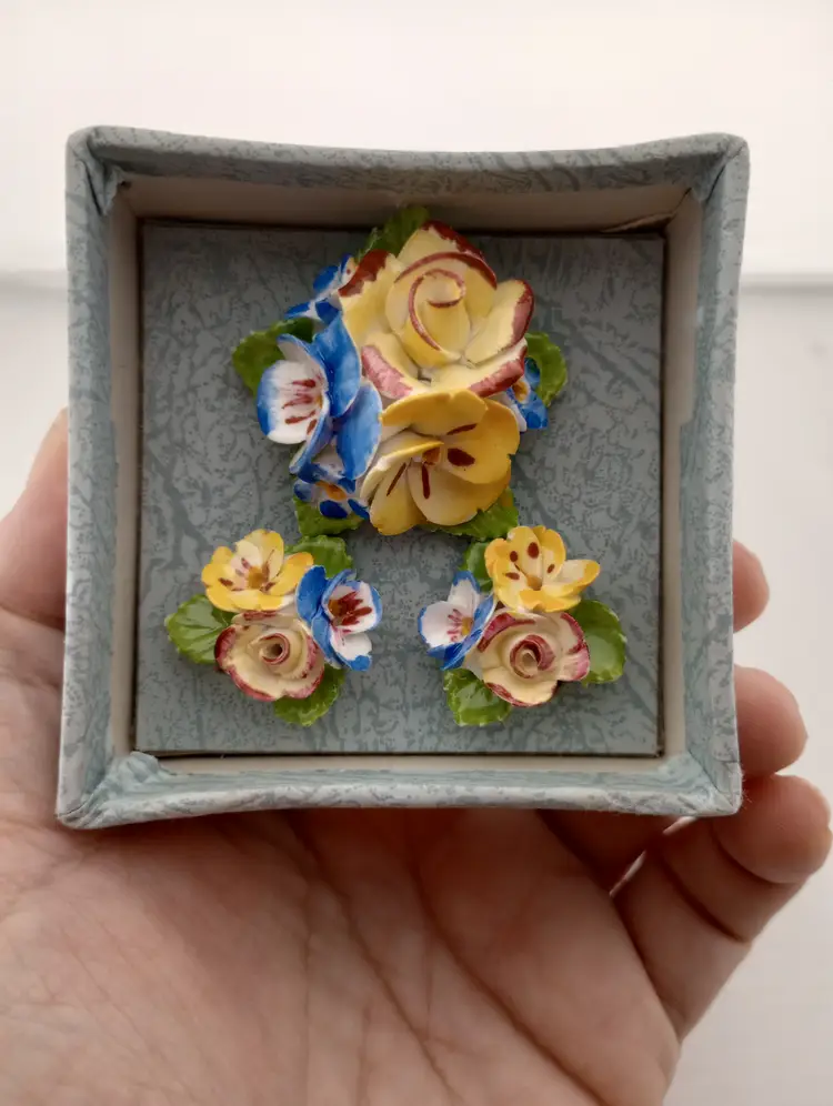 Jon Anton bone china brooch and earrings