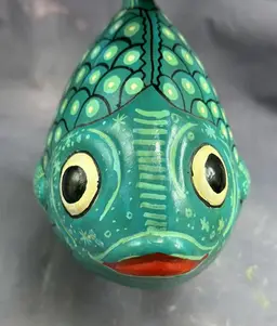 Talavera Mexico Fish Folk Art Hand Painted Terracotta Shelf Sitter Mexican Teal