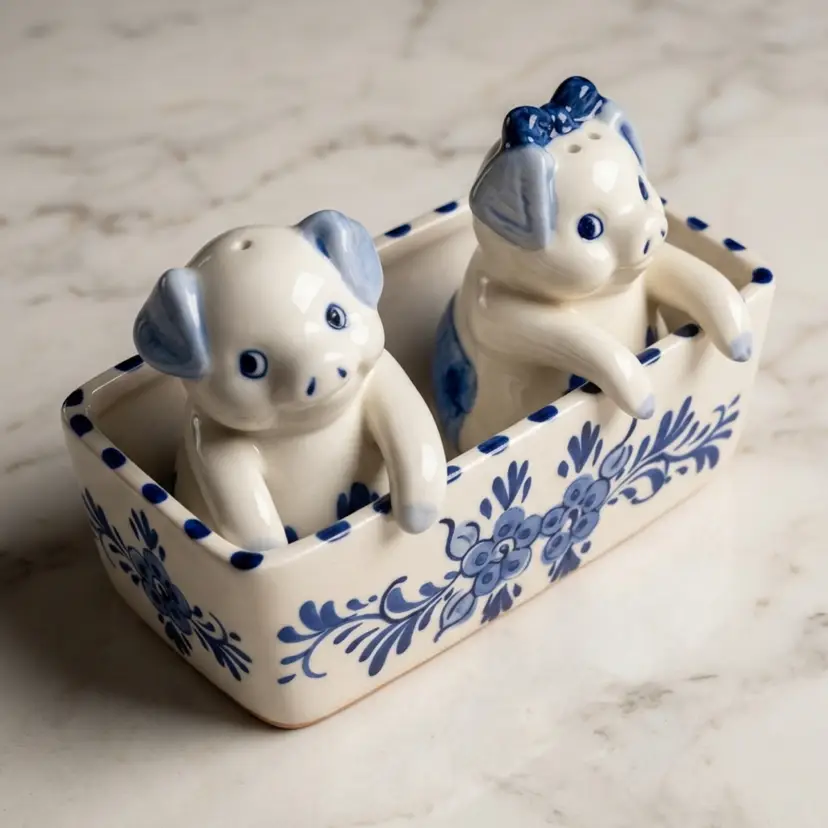 Vintage Delft Blue Salt & Pepper Shakers Hand Painted Pigs in Trough Blue White