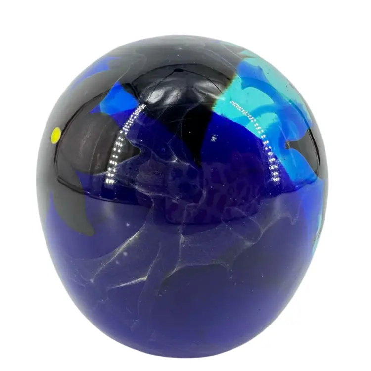 Blue Art Glass Paperweight With Black Flowers