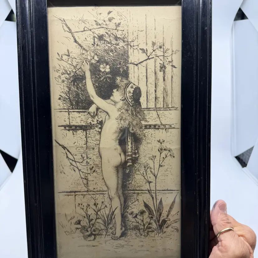 Vintage Framed Black&White Art Nouveau Salon Art Etching Nude