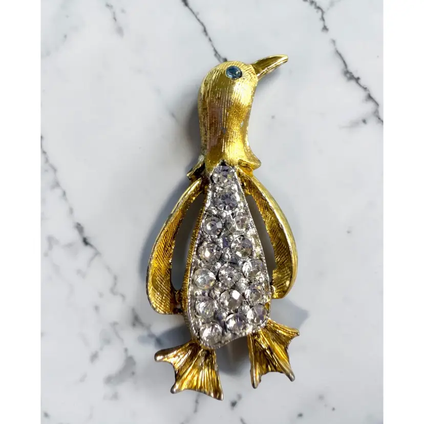 Vintage Gold Rhinestone Penguin Brooch - 1.75” x 3/4”