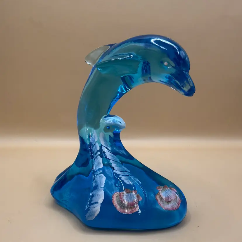Fenton For Lenox Hand Painted Shells Jumping Dolphin Wave Blue Glass Figurine 3.75”
