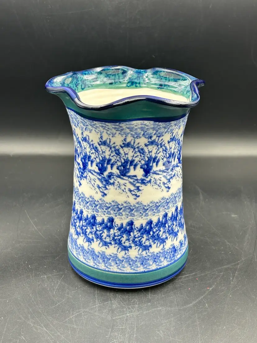 Art Studio Signed Pottery, Ruffled Edge, Blue And White Green Rimmed Canister/Vase.