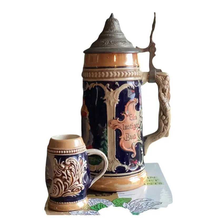 Vintage German Beer Stein With Dancing Couple And Toothpick Holder With The Matterhorn 3 And 8.5 Inches Tall
